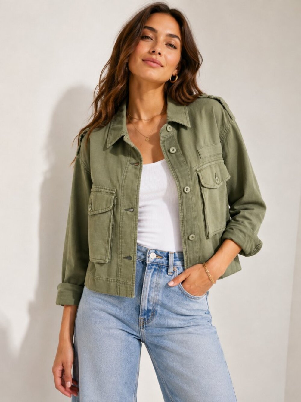 Lucky Brand Cropped Twill Utility Jacket Olive Green Medium NWT